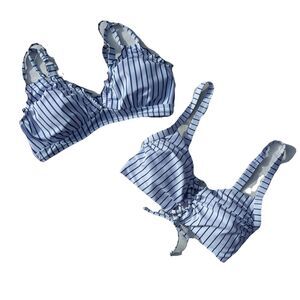Lot of two Bikini Tops White with Thin Blue Stripes Size S Seersucker Beach Swim